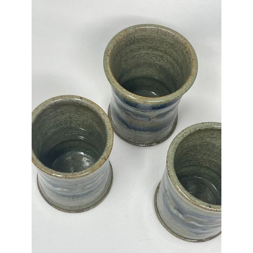 Pottery Air Plant/Vase/Mug Cup Ceramic Clay Handmade Blue Grey Set of 3 Signed
